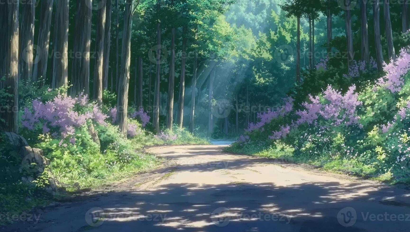 A serene forest path lined with blooming flowers and sunlight. photo