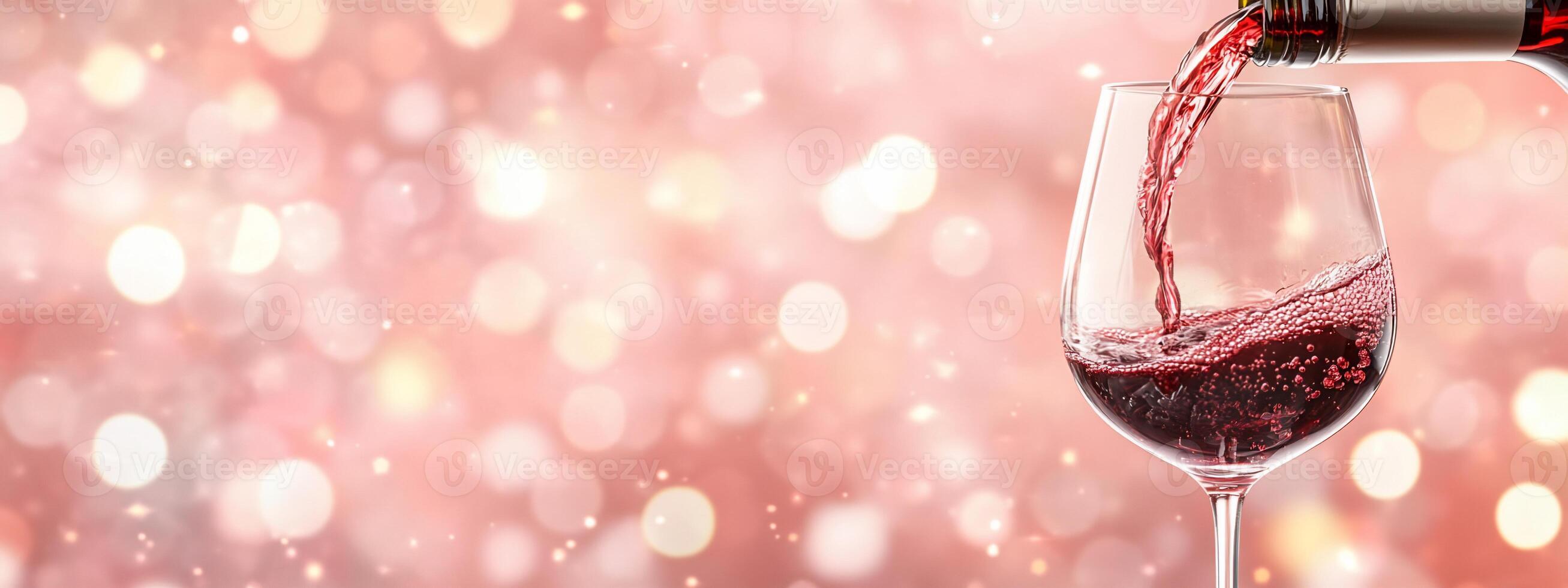 A glass being filled with red wine against a blurred, festive background. photo