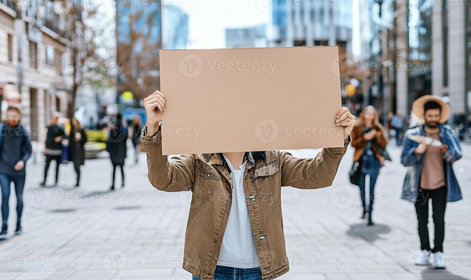 A man holding up a blank sign in the middle of a city photo