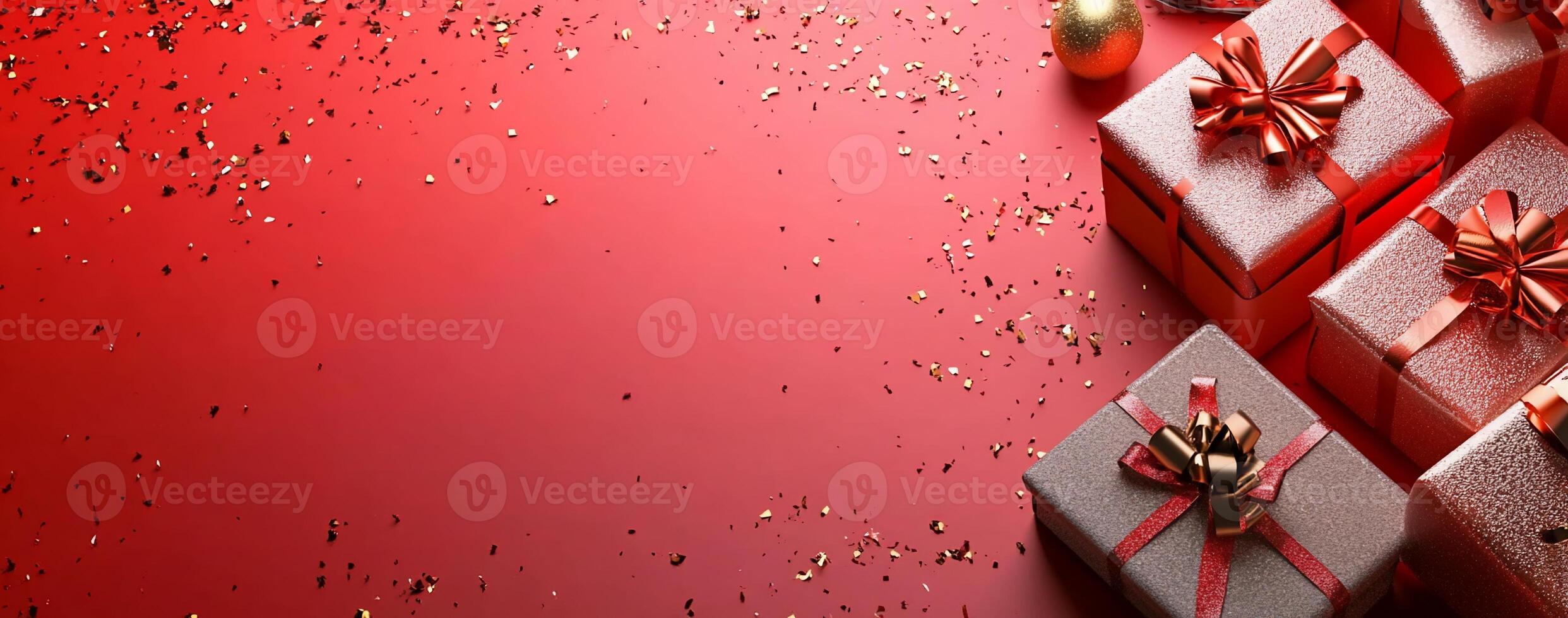 Many presents are sitting on a red background photo