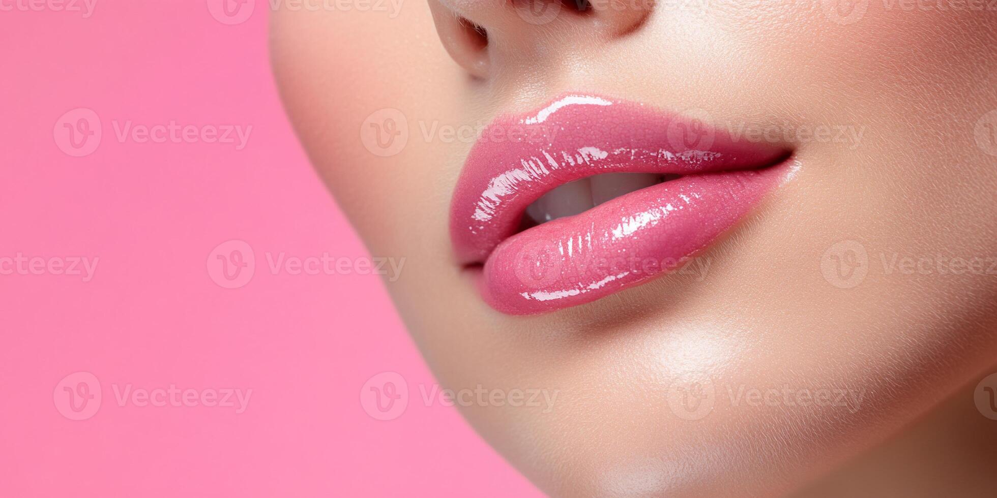 A woman's lips with pink lipstick on a pink background photo