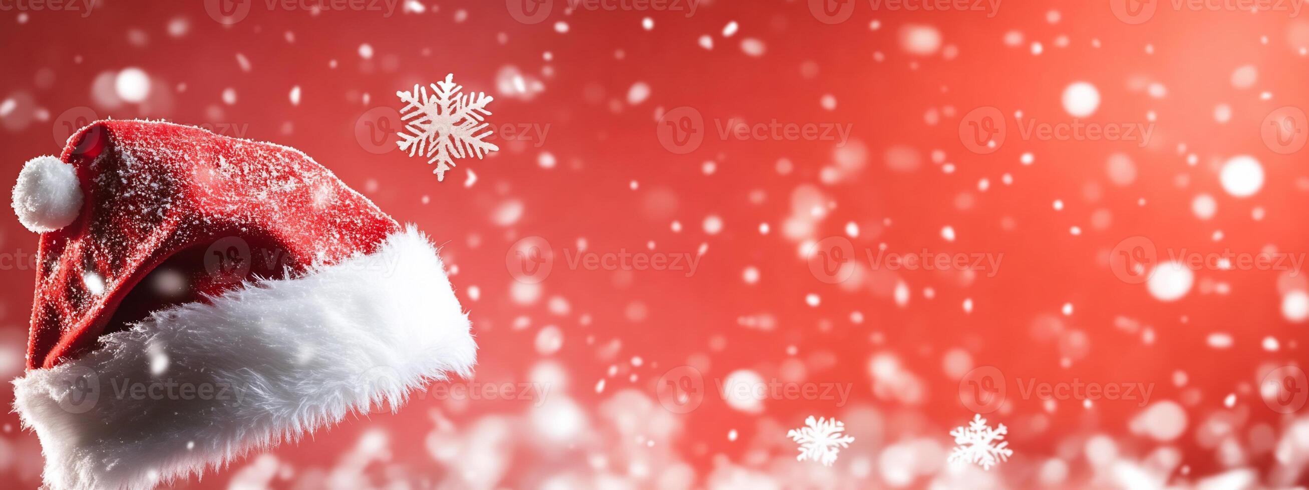 A festive red background with a Santa hat and falling snowflakes. photo