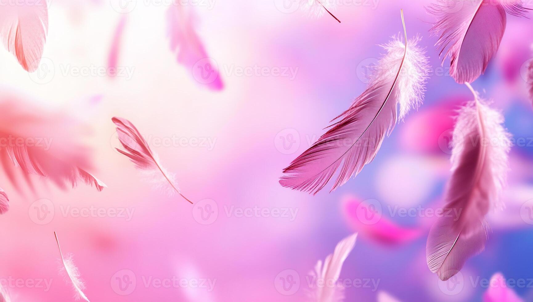 Feathers flying in the air on a pink and blue background photo