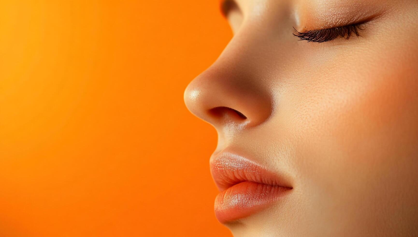 A woman's face with closed eyes and a bright orange background photo