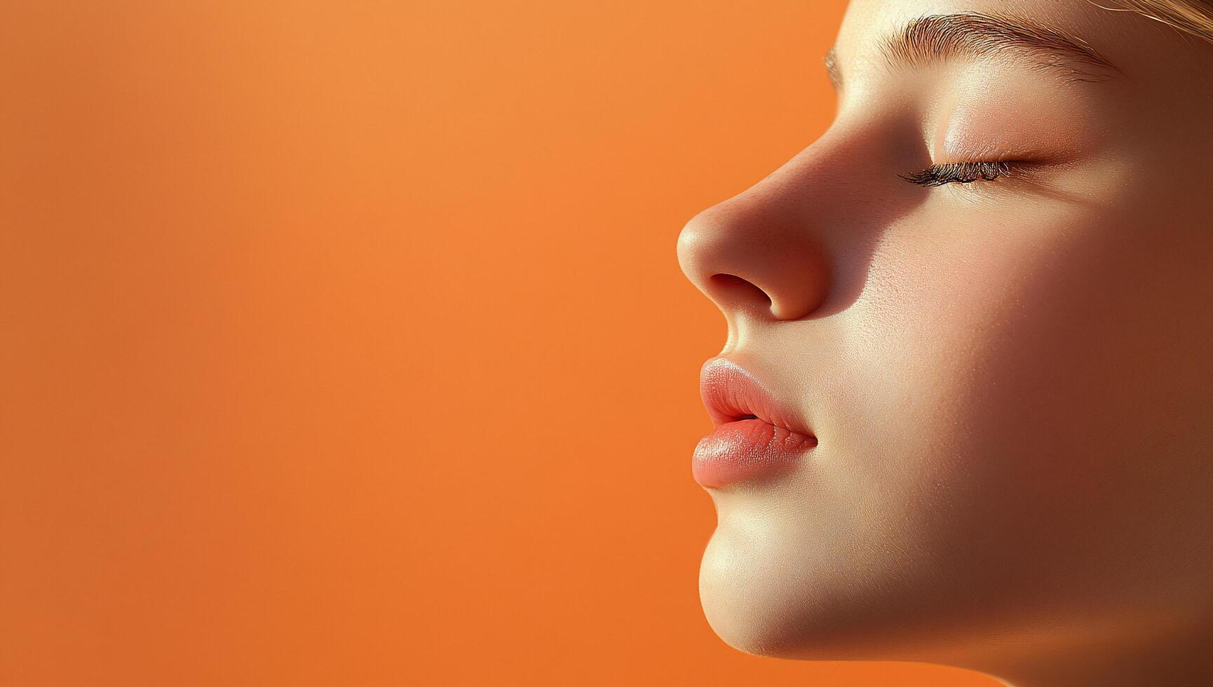 A young woman with her eyes closed and her nose closed photo