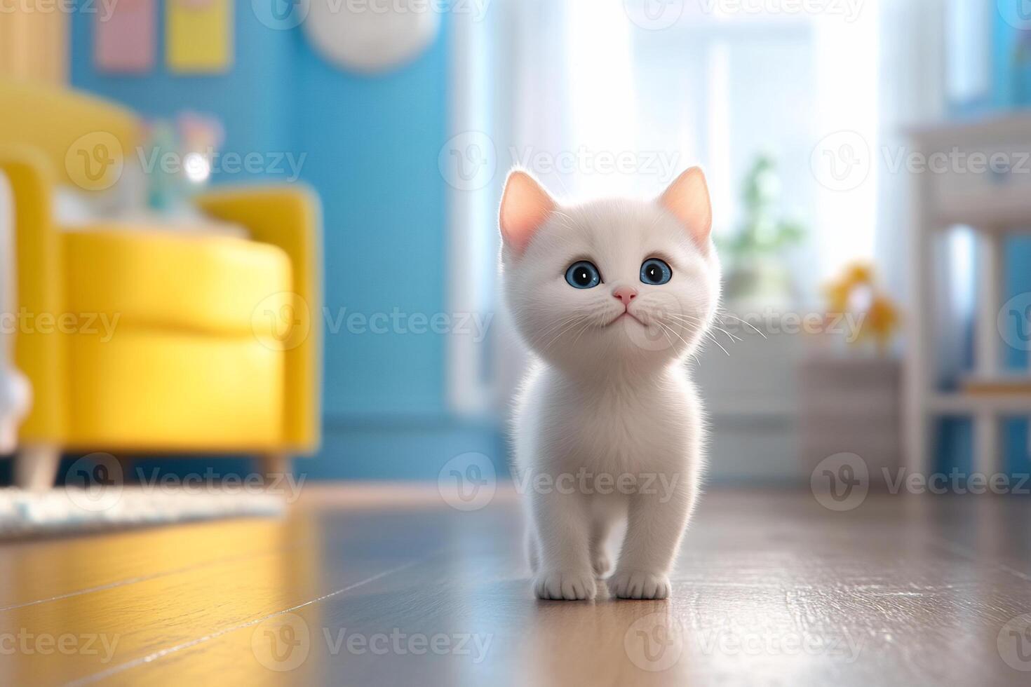 A cute white kitten with blue eyes walking in a bright room. photo