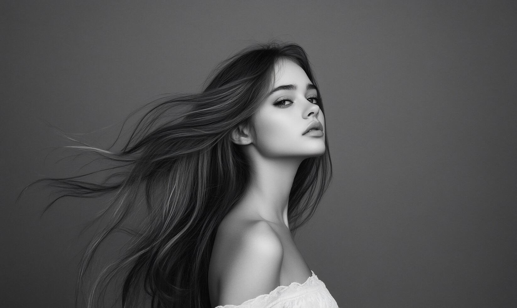 Black and white photo of a woman with long hair