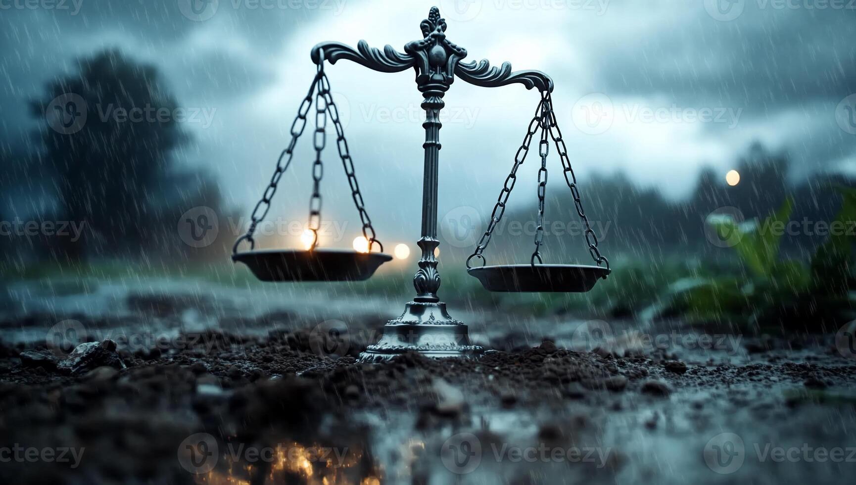 A scale symbolizing justice stands in a rainy, atmospheric landscape. photo