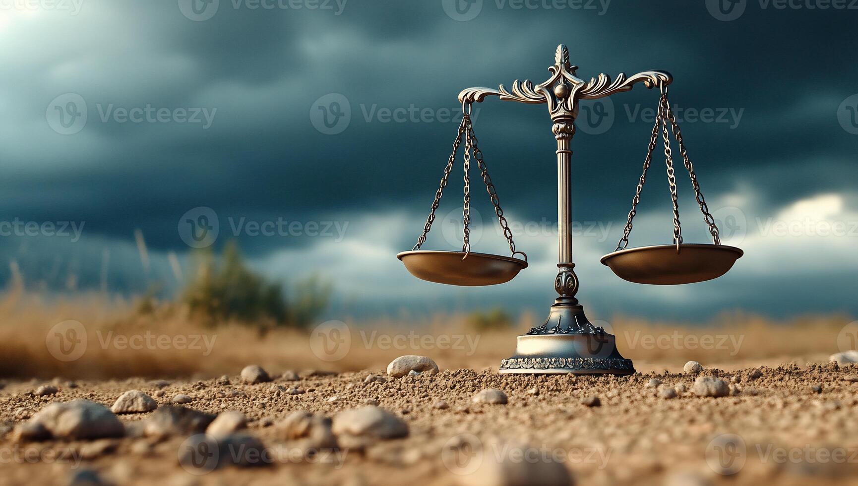 A balanced scale symbolizing justice on a rocky landscape under clouds. photo