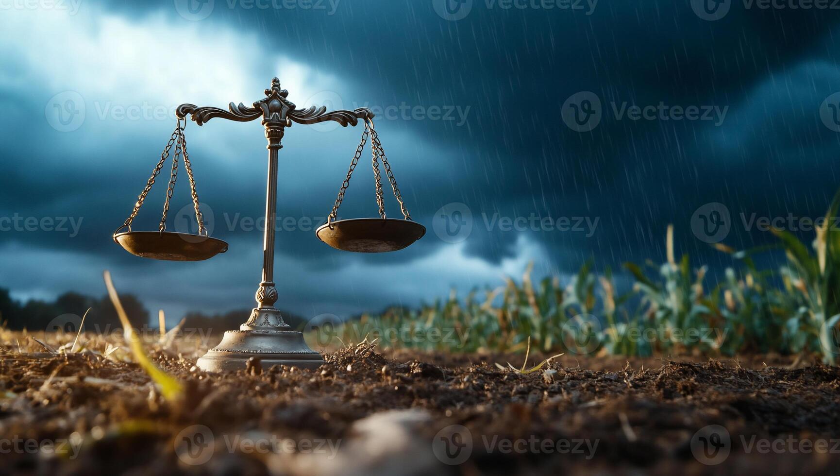A scale symbolizes justice amidst a stormy agricultural landscape. photo
