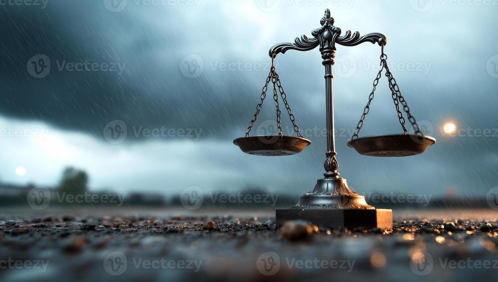 A scale symbolizing justice under a stormy sky. photo