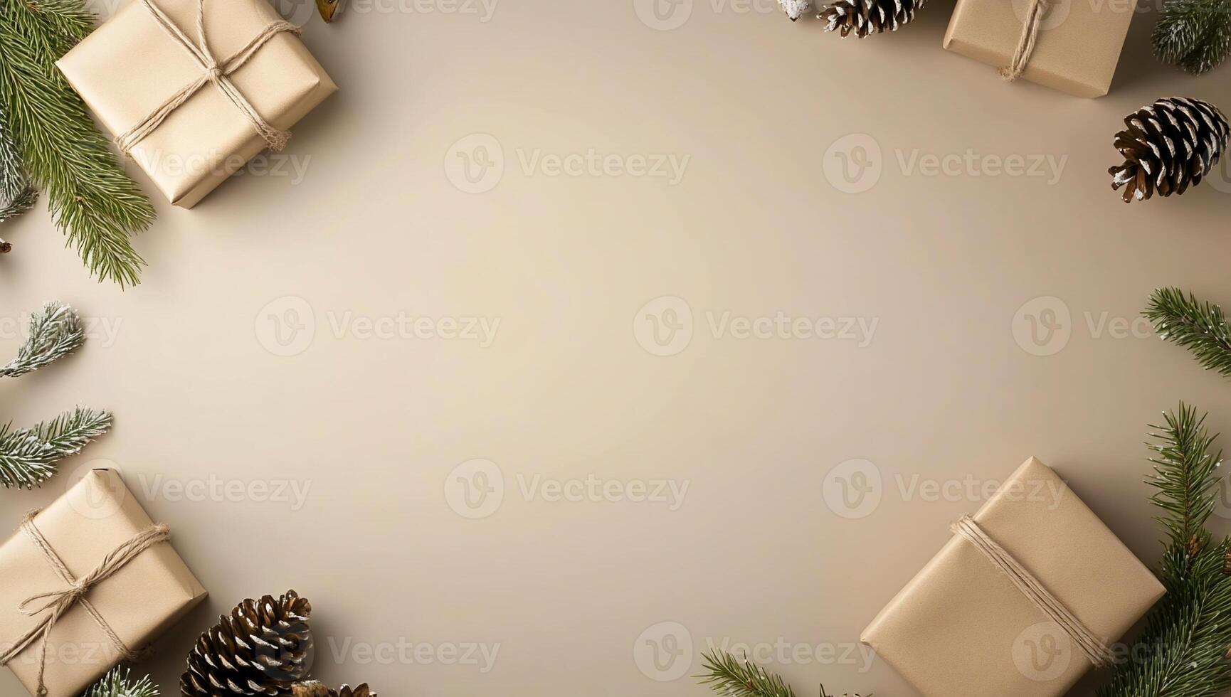 A festive arrangement of wrapped gifts and pine elements. photo