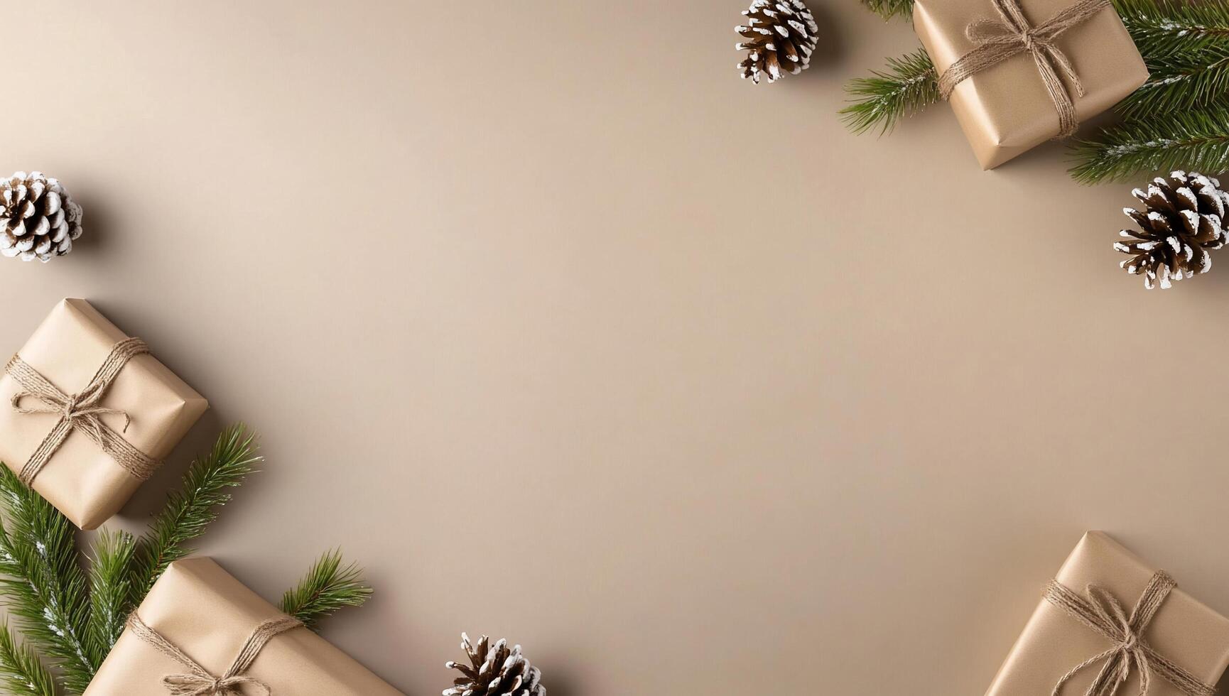 Christmas gifts on a beige background with pine cones photo
