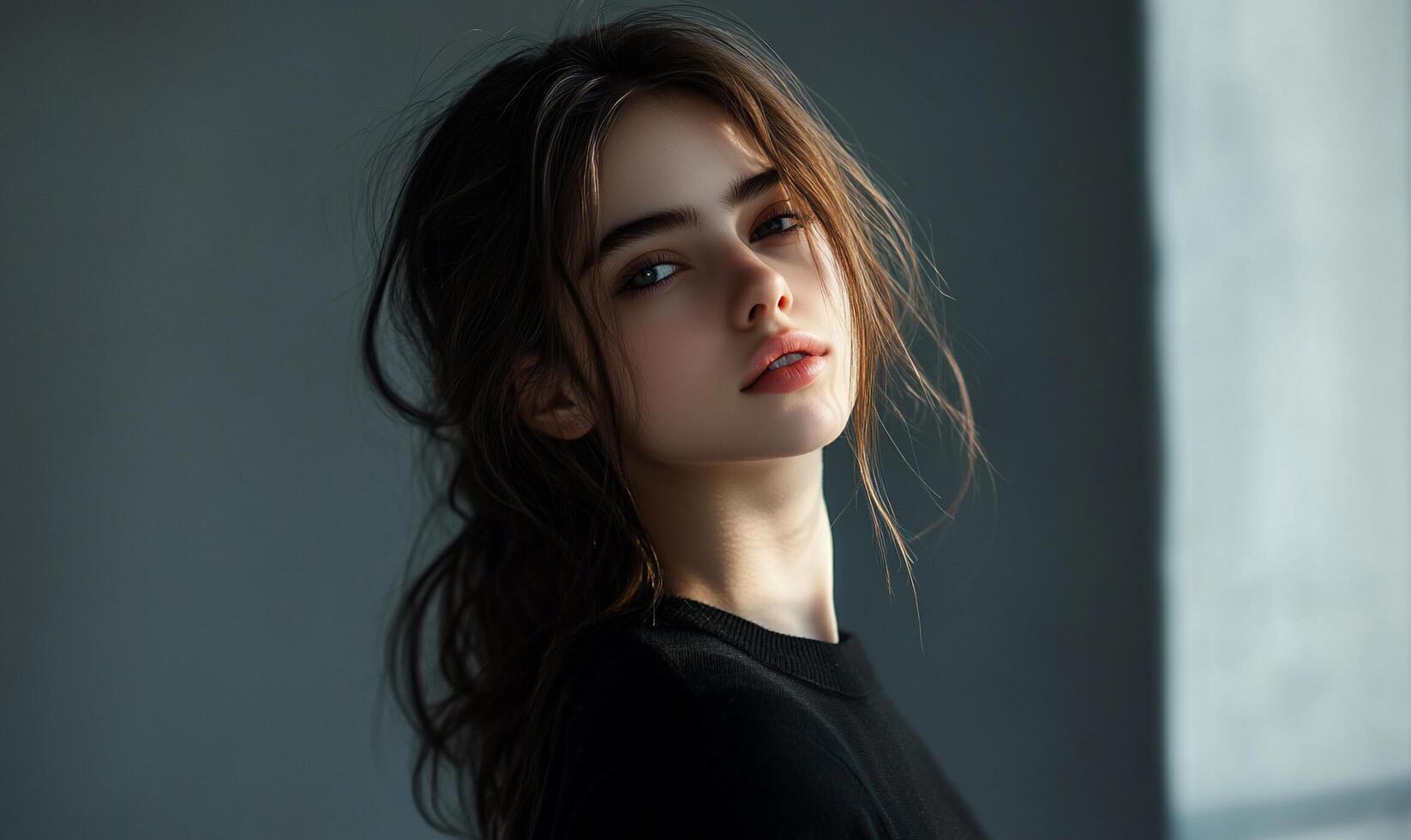 A beautiful young woman with long hair looking off to the side photo
