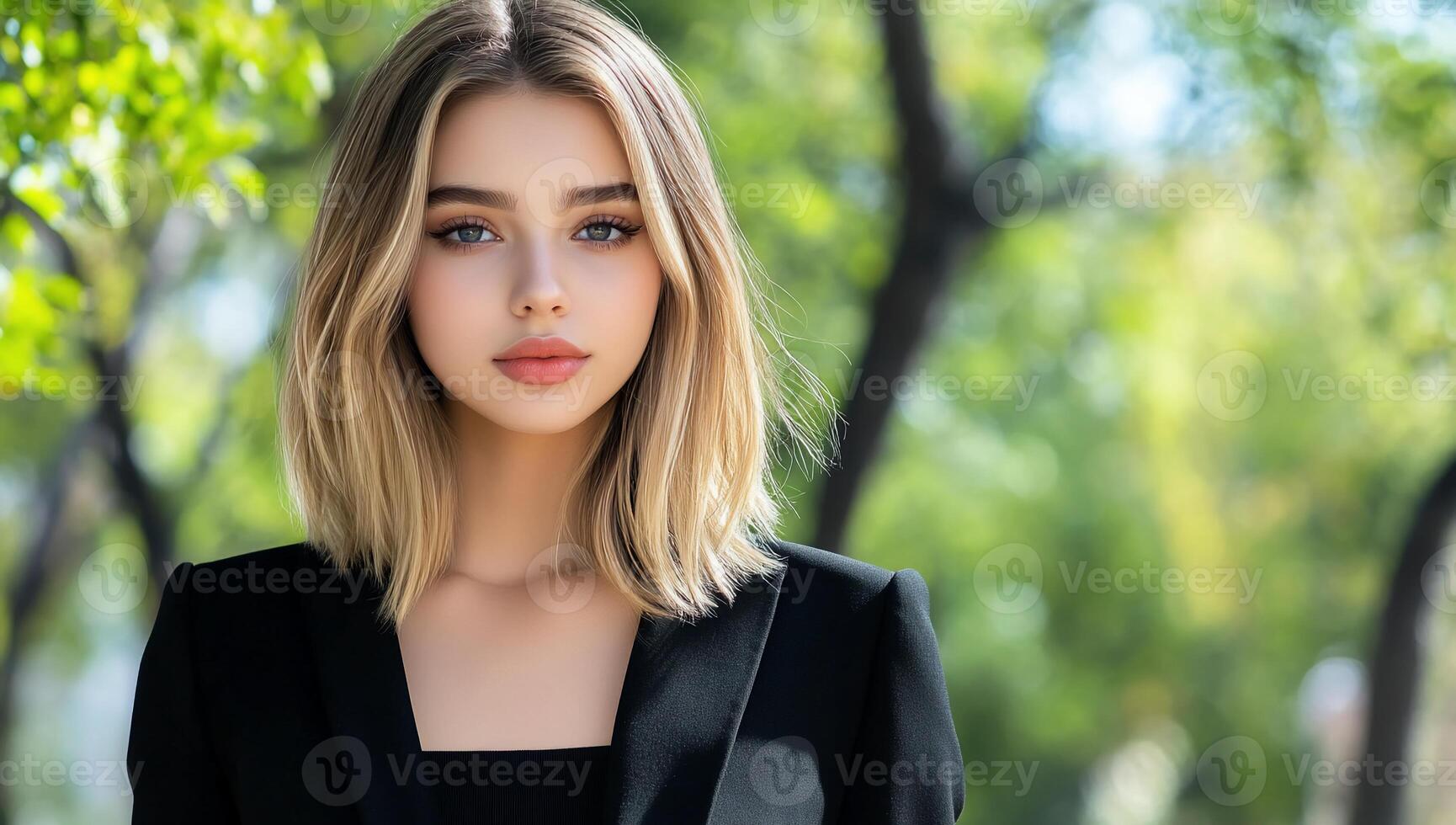 A beautiful young woman with blonde hair and a black blazer photo