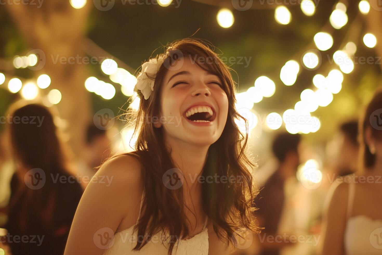A joyful woman laughing amidst festive lights at a celebration. photo
