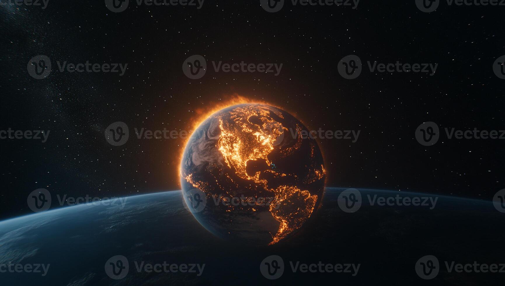 A glowing Earth in space, depicting a fiery atmosphere. photo