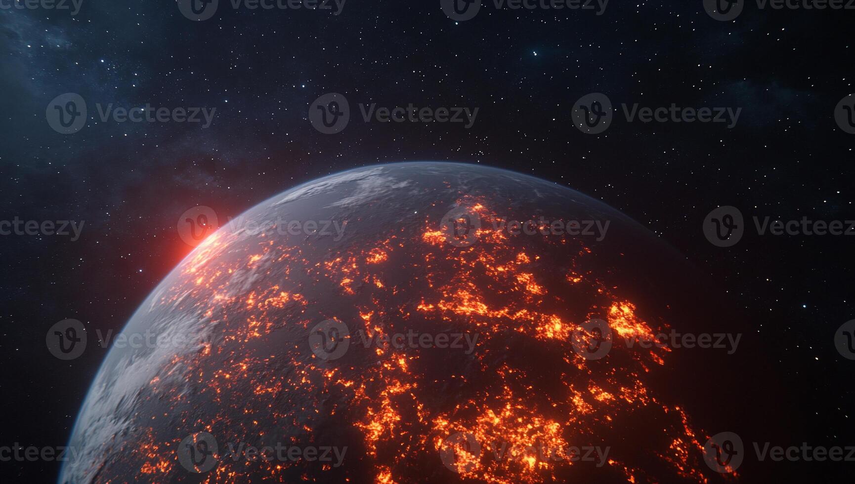 A glowing, volcanic planet set against a starry backdrop. photo