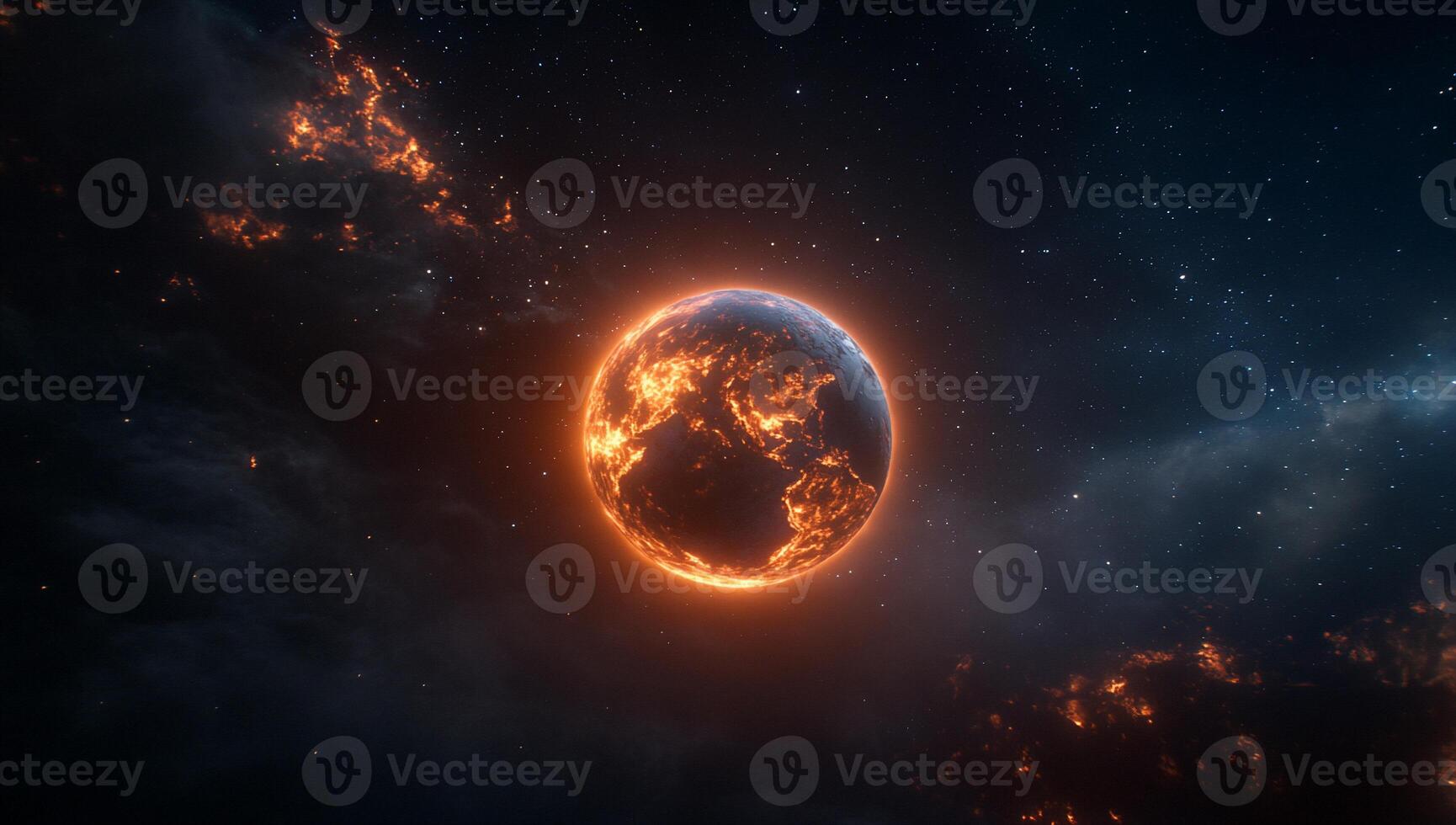 A fiery depiction of Earth surrounded by cosmic elements. photo