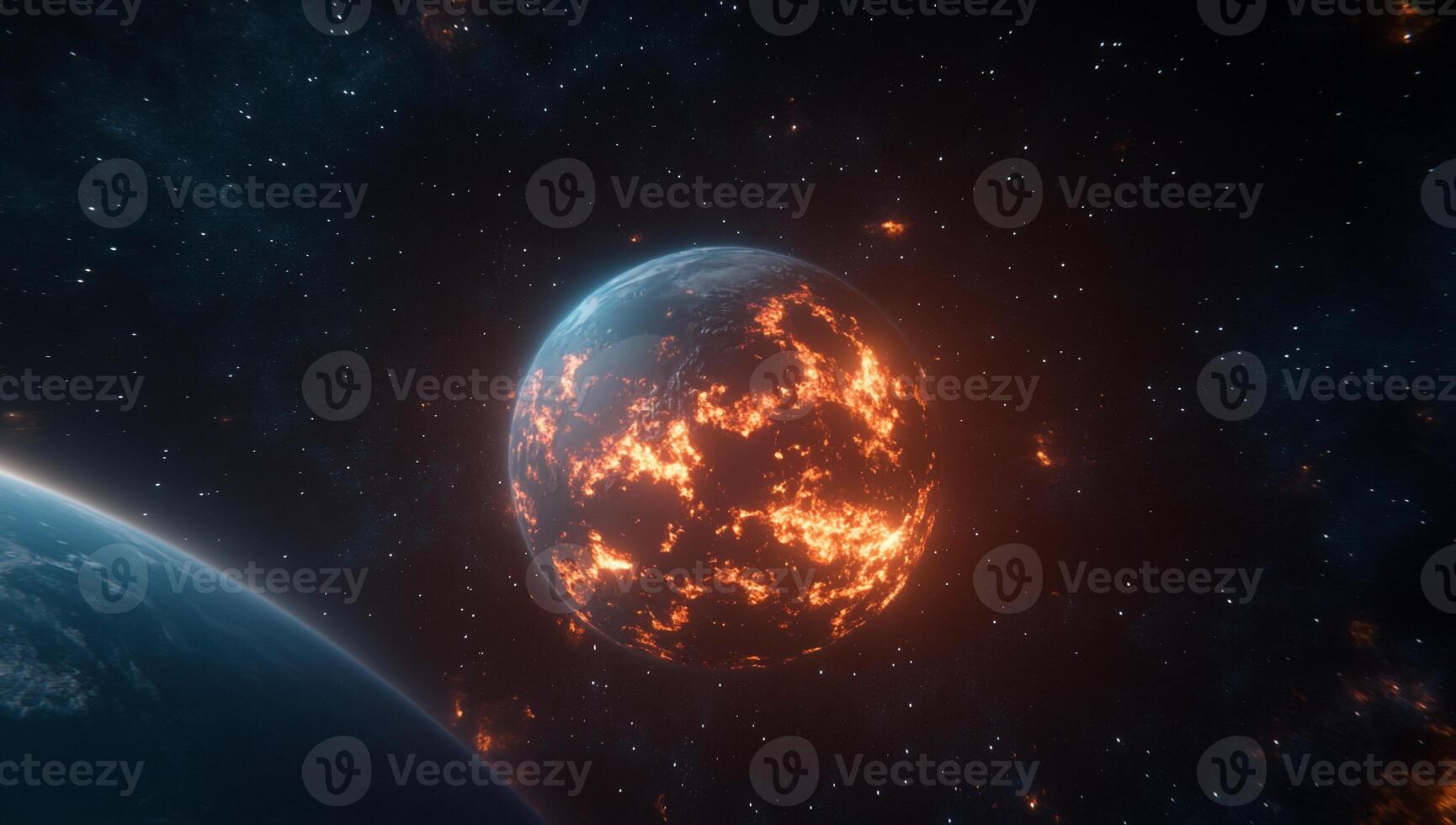 A fiery planet in a cosmic scene, showcasing a vibrant space environment. photo