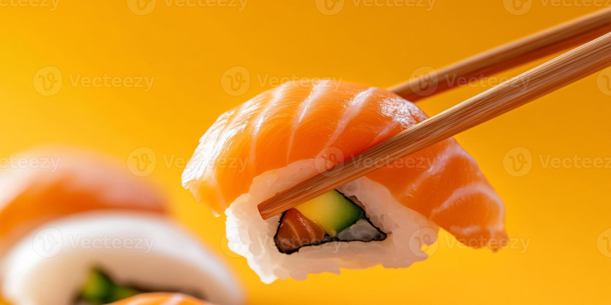 A piece of sushi held with chopsticks against a bright background. photo