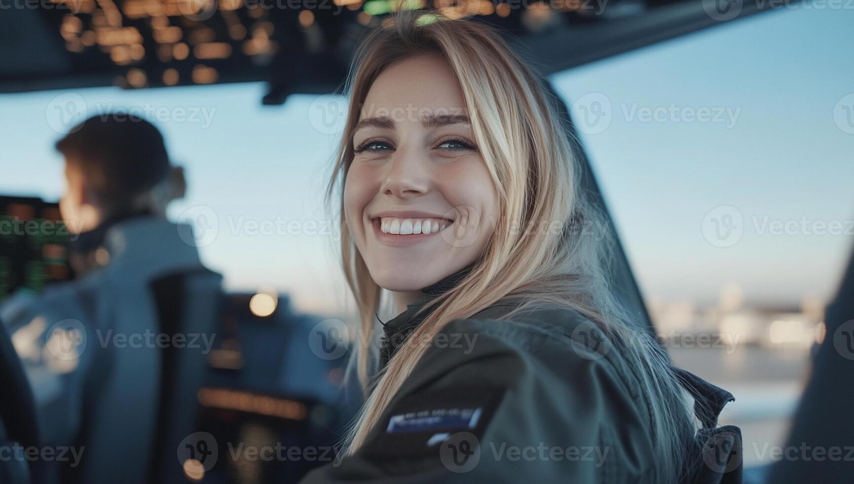 A woman in an airplane smiling and looking at the camera photo