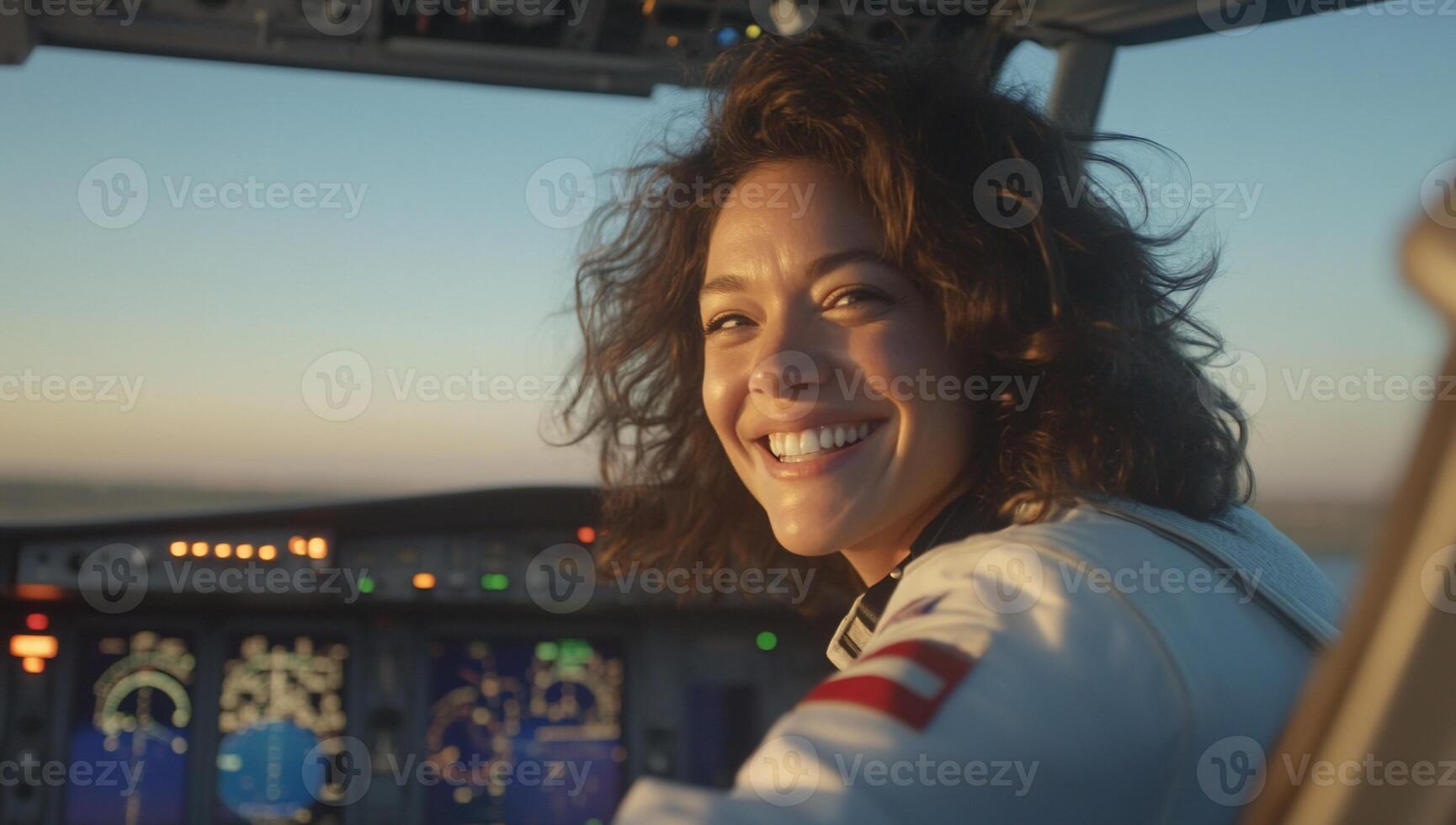 A woman is smiling while sitting in the cockpit of an airplane photo