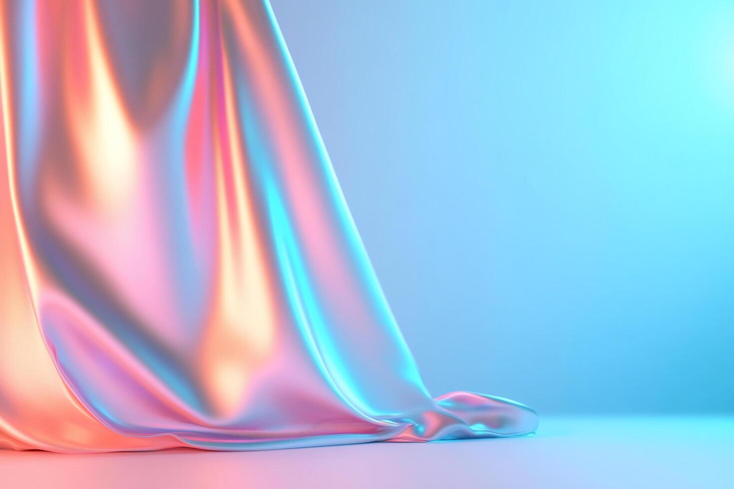 A flowing, iridescent fabric drapes elegantly against a gradient backdrop. photo