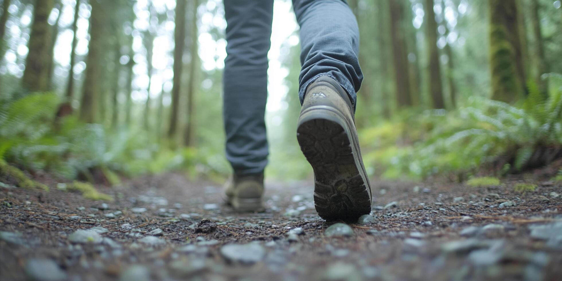A person walking on a forest trail surrounded by lush greenery. photo