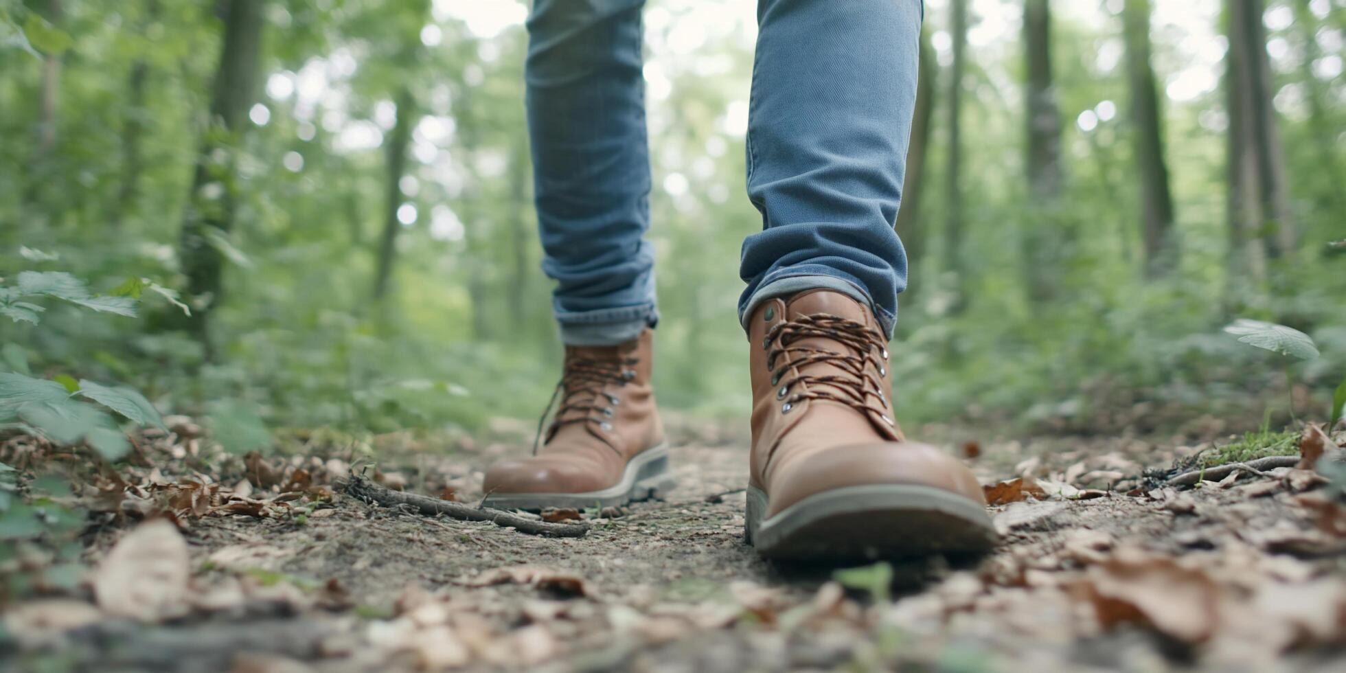 A close-up of hiking boots on a forest path surrounded by greenery. photo