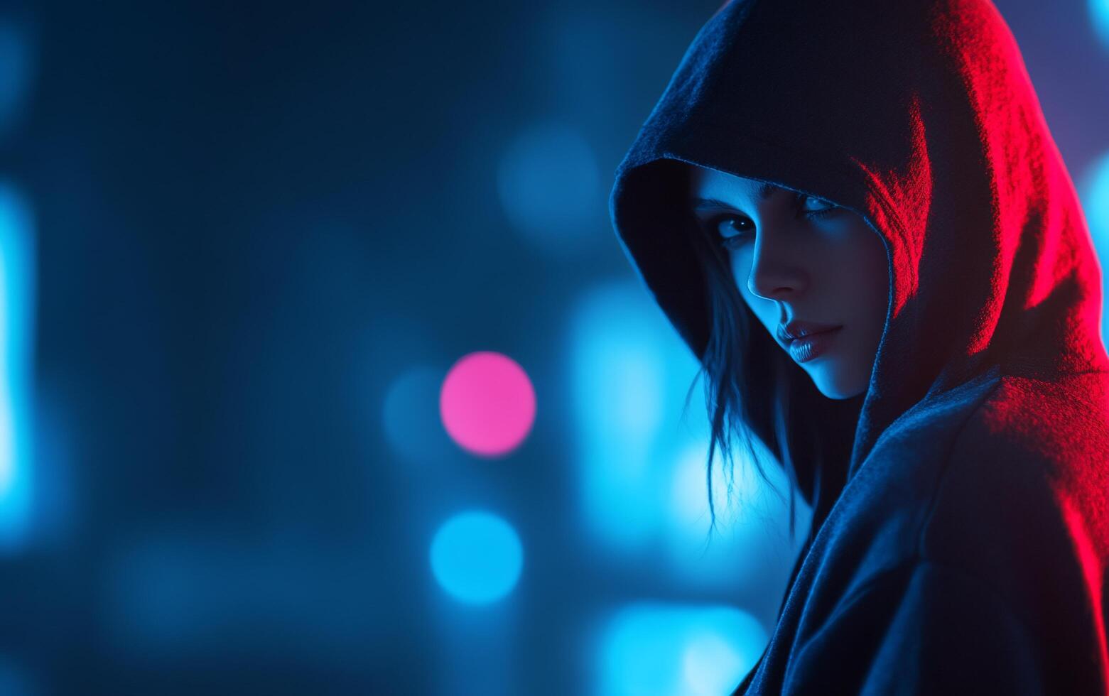 A mysterious figure in a hooded sweatshirt against a neon-lit backdrop. photo