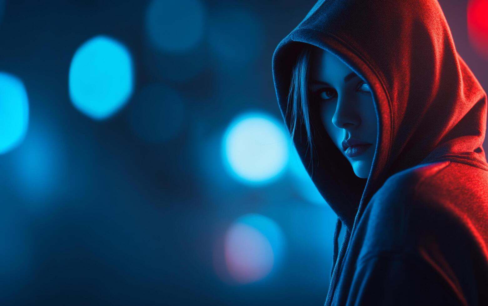 A mysterious figure in a hoodie against a blurred, colorful background. photo