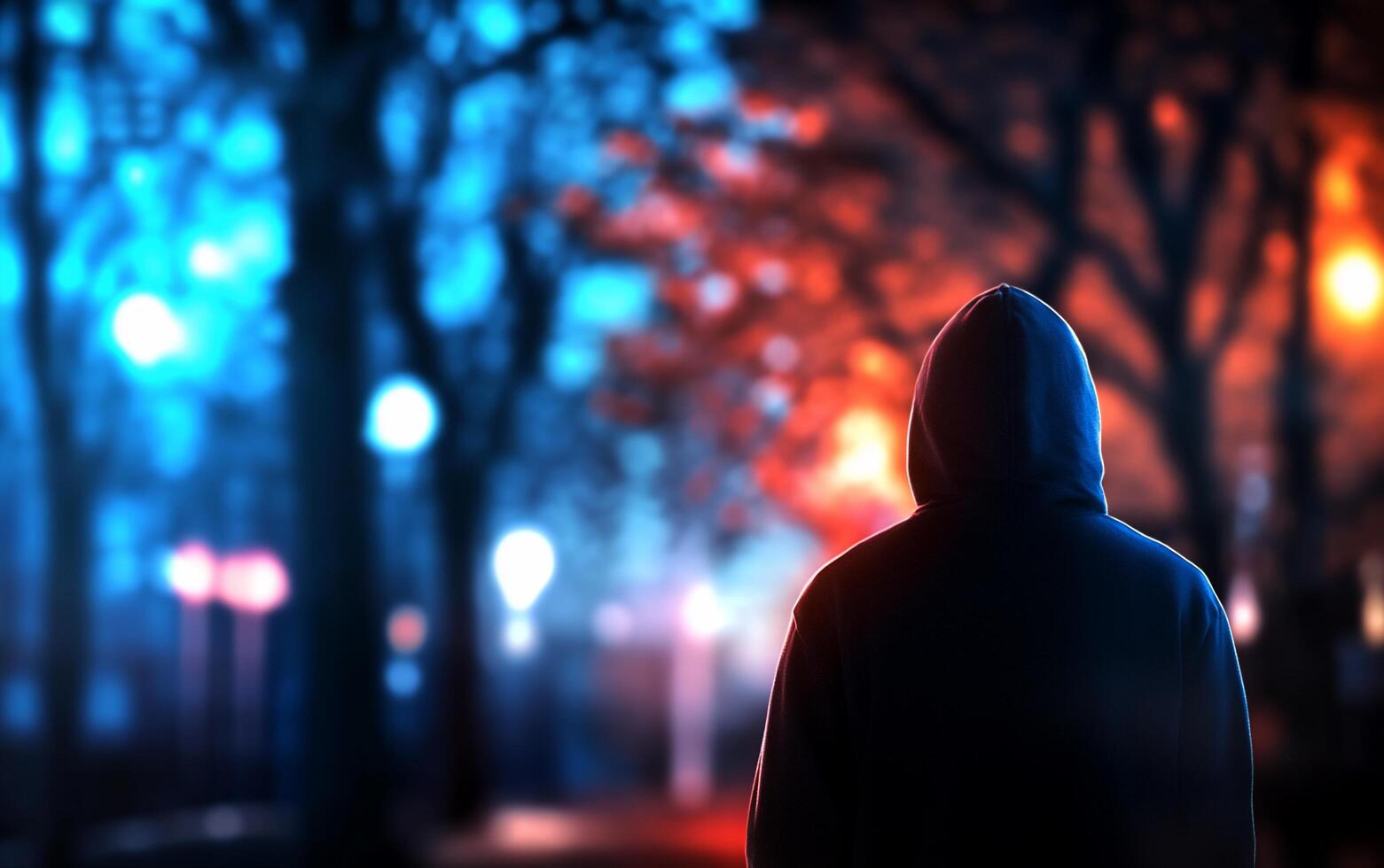 A hooded figure stands in a dimly lit park with colorful lights. photo