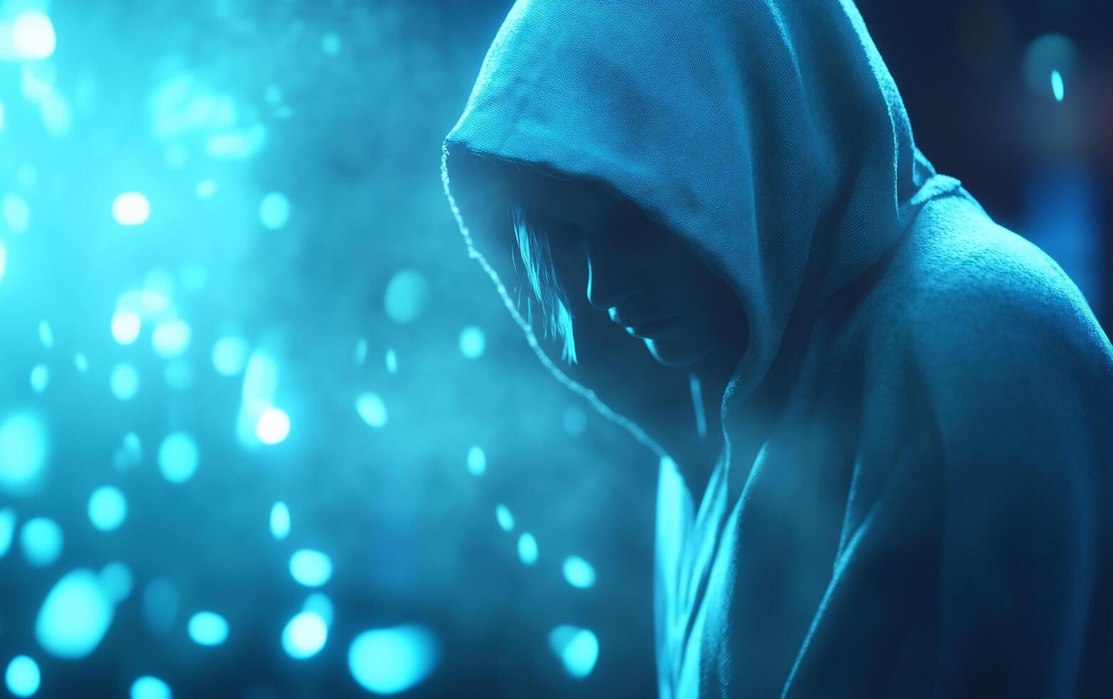 A contemplative figure in a hoodie surrounded by a blue, ethereal atmosphere. photo