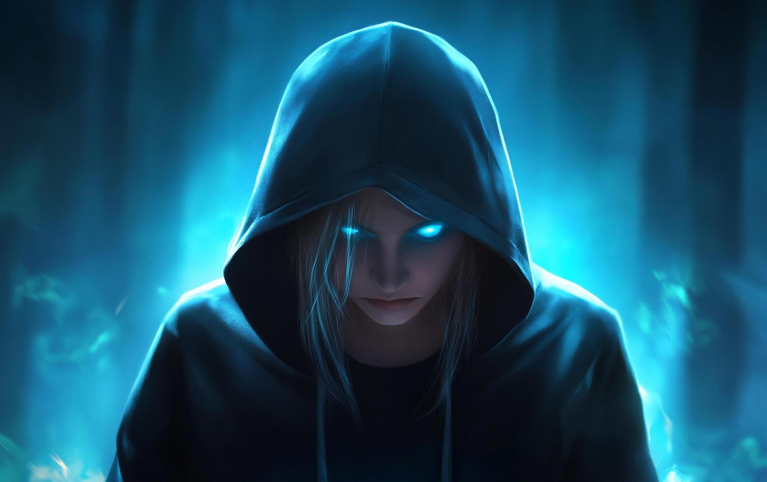 A mysterious figure with glowing eyes in a dark, ethereal forest. photo