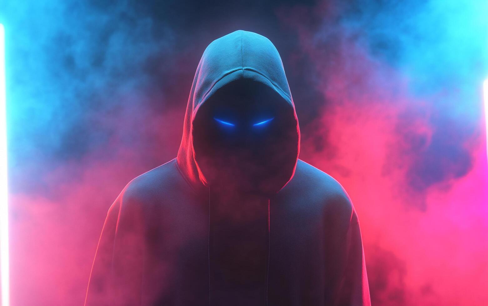 Mysterious figure in a hooded cloak surrounded by colorful smoke. photo
