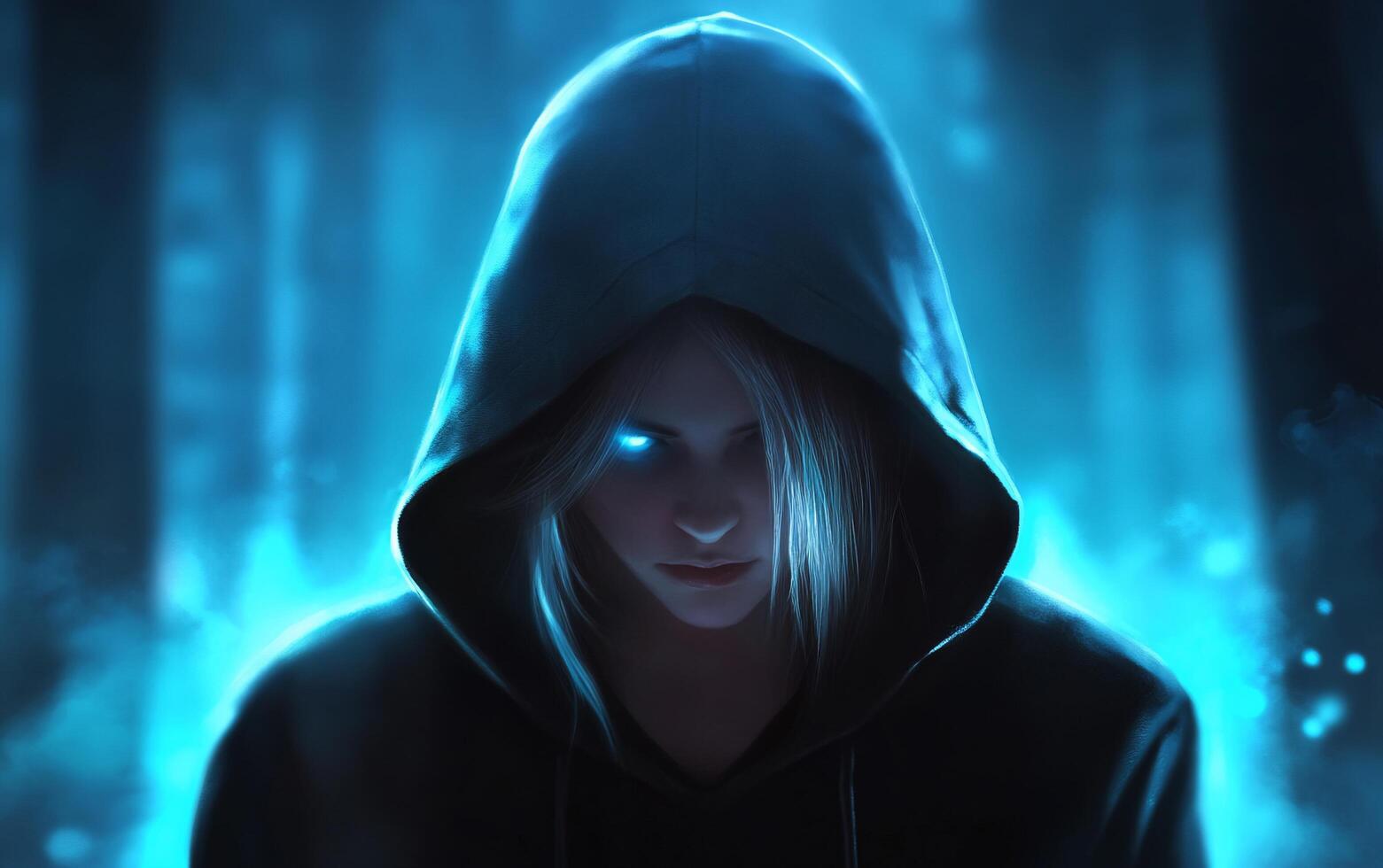 A mysterious figure in a dark forest, illuminated by blue light. photo