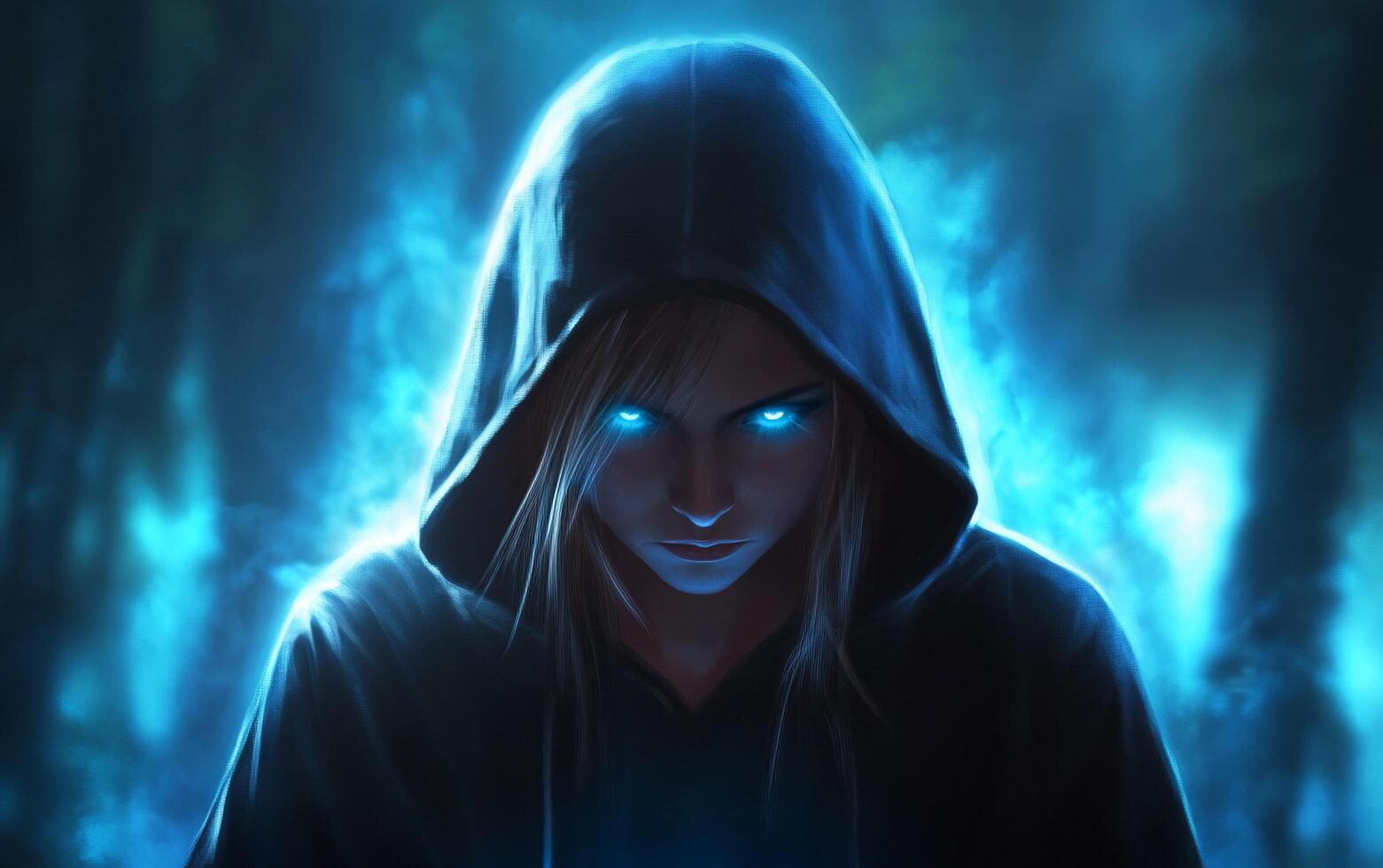 A mysterious figure in a dark forest, glowing blue eyes and aura. photo