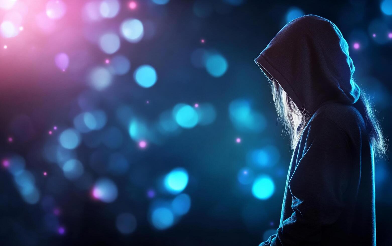 A silhouette of a person in a hoodie against a colorful, blurred background. photo