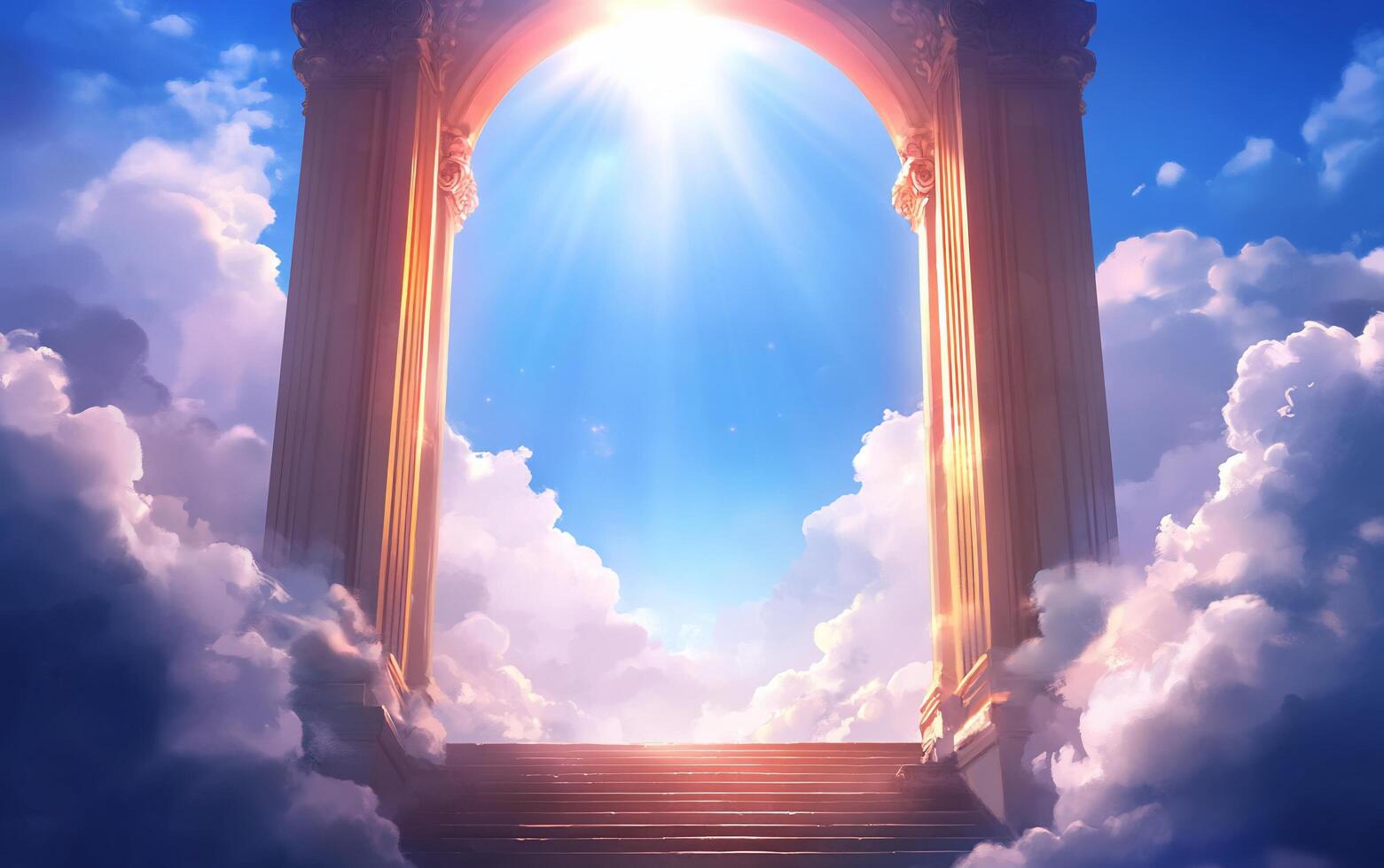 A majestic archway leading to a bright sky, surrounded by clouds. photo