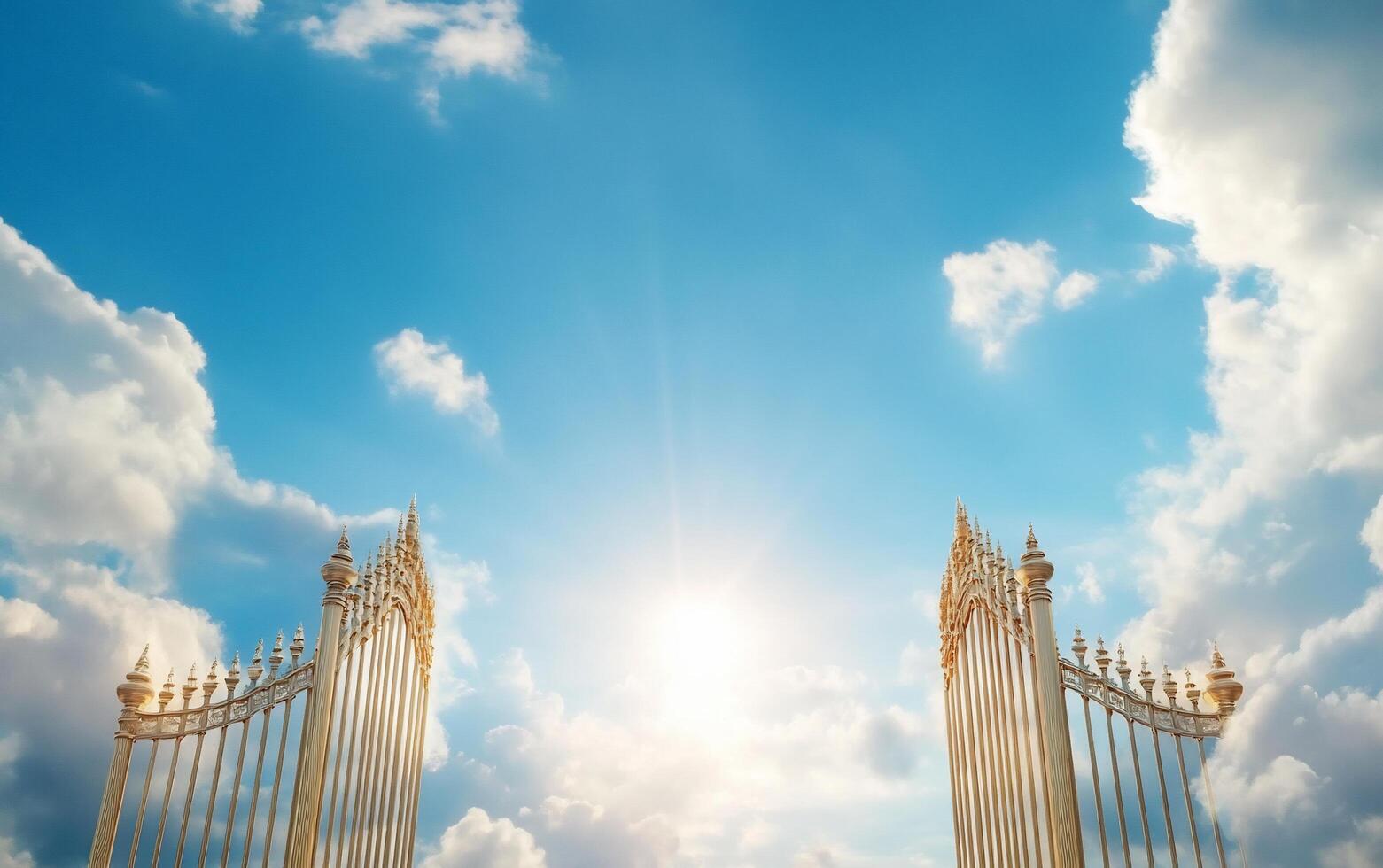Golden gates opening to a bright sky with clouds. photo