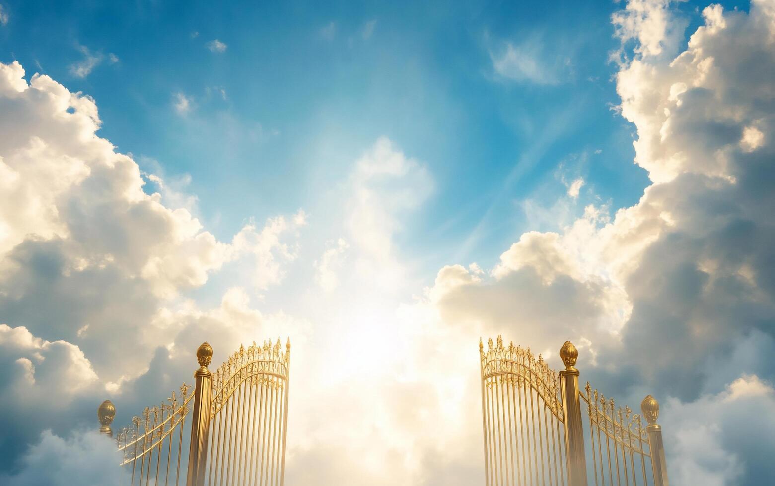 A serene view of golden gates opening to a bright sky and clouds. photo