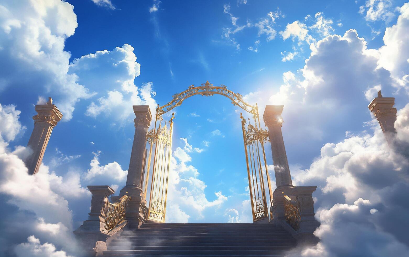 A majestic golden gate in the clouds, symbolizing paradise or heaven. photo