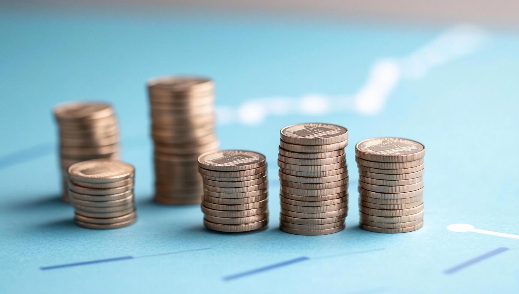 Stacks of coins on a blue surface, symbolizing finance and investment. photo
