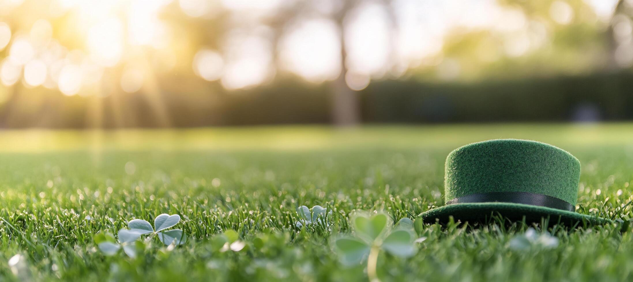 A green hat rests on grass with clovers, evoking a festive atmosphere. photo