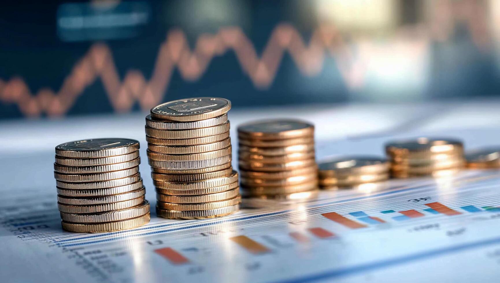 Stacked coins on a financial report with a chart background. photo