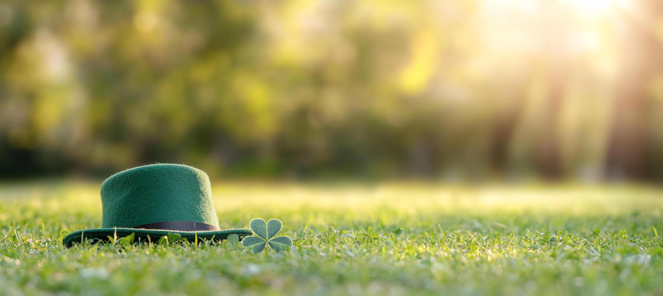 A green hat and a clover on grass, symbolizing luck and nature. photo