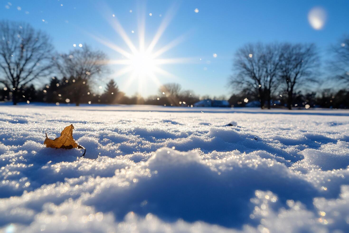 A serene winter landscape with snow, a leaf, and a bright sun. photo
