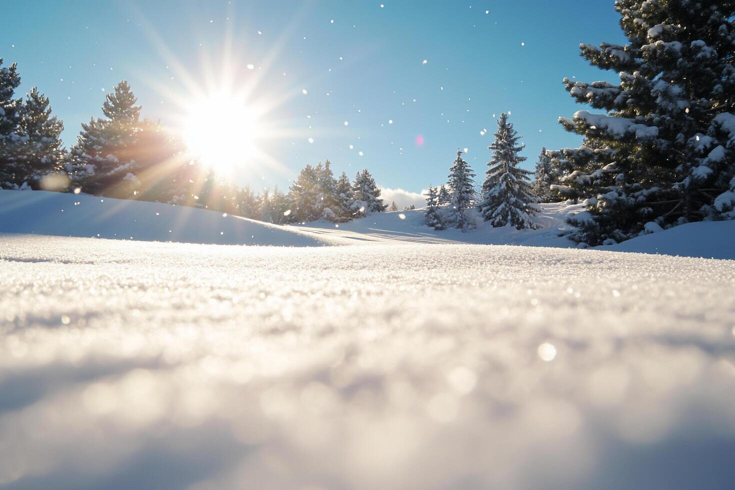 A serene winter landscape with sparkling snow and a bright sun. photo