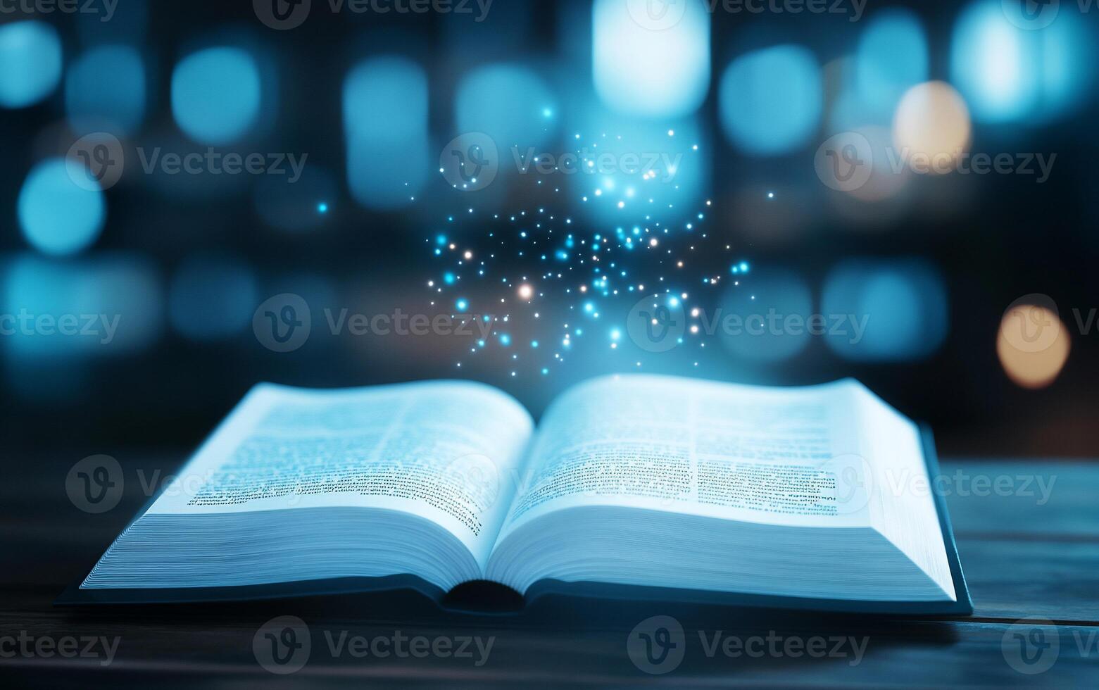An open book with a magical glow and sparkling particles above it. photo